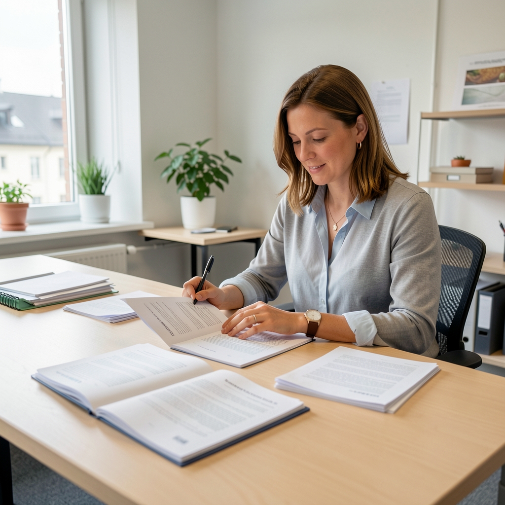 Ernährungsfachperson beim Studium von Lebensmittelkarten und Nährwertunterlagen an einem hellen Schreibtisch in einem modernen Zürcher Büro