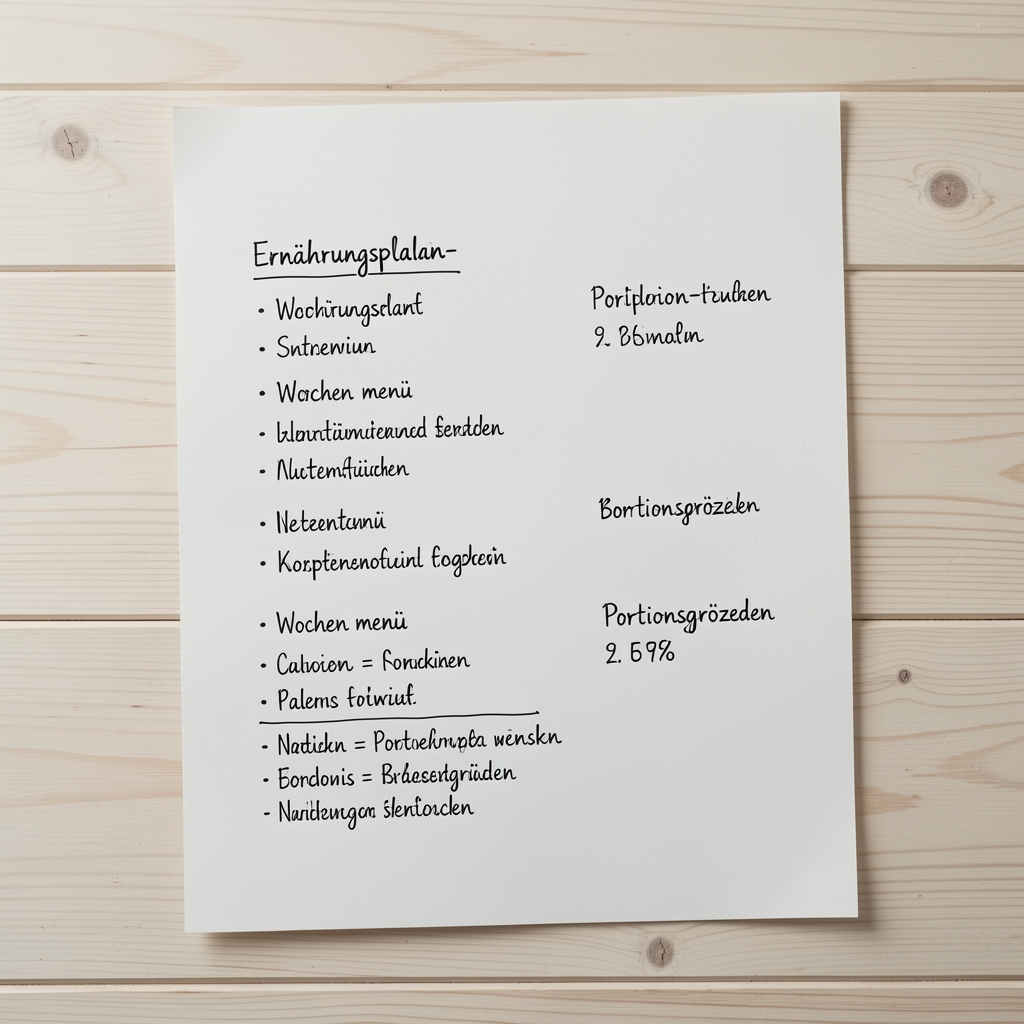 Ernährungsplan-Entwurf auf Papier, handgeschrieben, mit Wochenmenü und Notizen zu Portionsgrößen – auf hellem Holzhintergrund