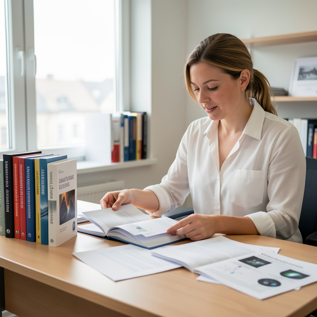 Ernährungsfachperson prüft wissenschaftliche Publikationen auf einem Schreibtisch mit Fachbüchern und ausgedruckten Studien unter heller Bürobeleuchtung