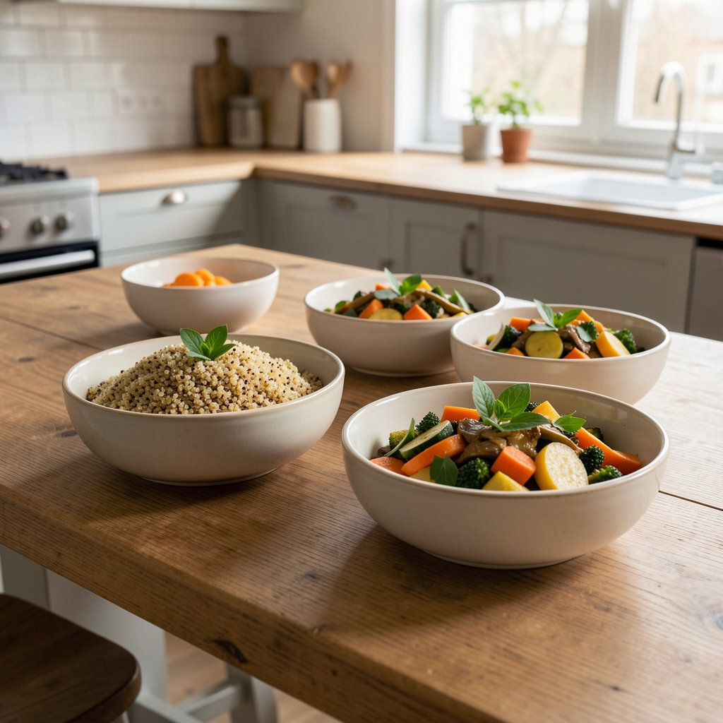 Selbstgekochte ausgewogene Mahlzeit auf einem großen Küchentisch – Quinoa, gedünstetes Gemüse und frische Kräuter, angerichtet in hellen Keramikschüsseln