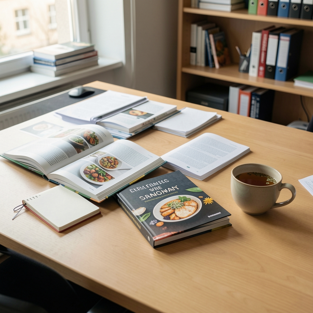 Helle Arbeitsfläche in einem Zürcher Büro mit aufgeschlagenen Ernährungsfachbüchern, Notizheft und einer Tasse Kräutertee