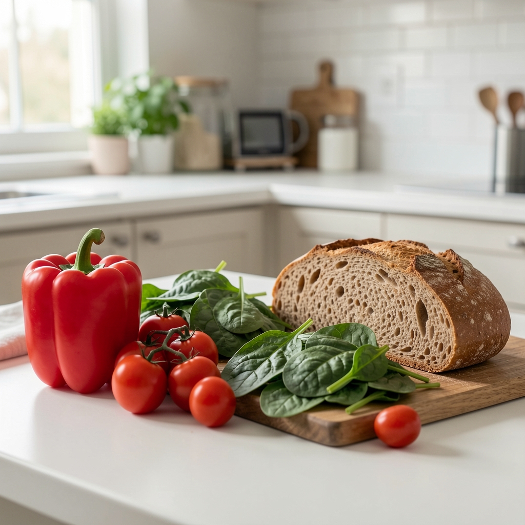 Frische saisonale Zutaten auf einem hellen Küchentisch – Paprika, Tomaten, Spinat und Vollkornbrot, bereit für eine ausgewogene Mahlzeit