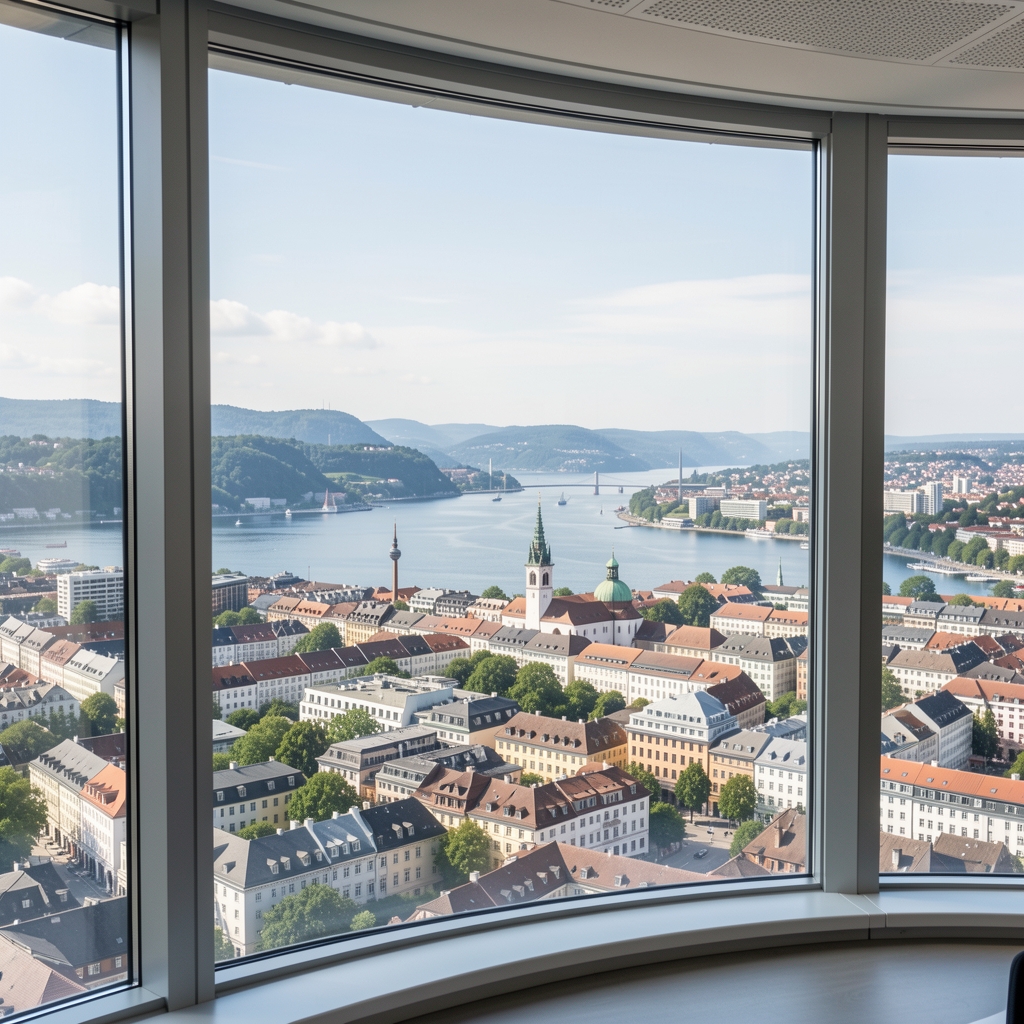 Zürcher Stadtpanorama bei Tageslicht mit Blick auf den See, aufgenommen von einem Bürofenster im Stadtbezirk Seefeld